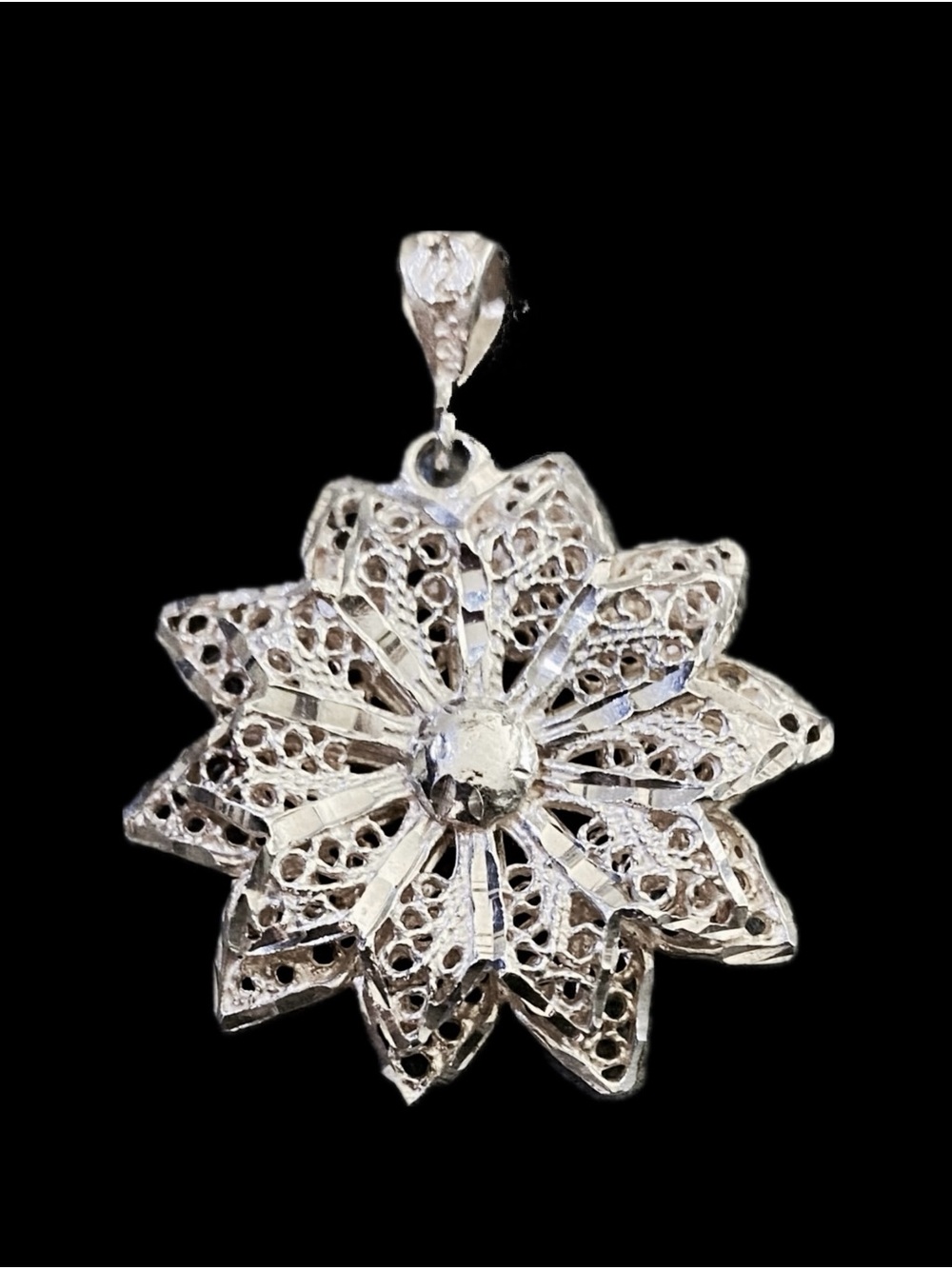 VTG NWT 925 Italian Sterling Silver 3D Flower Filigree Pendant
